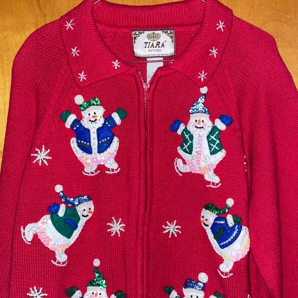 Tiara Festive Red Snowman Santa Sweater Ugly Christmas Sweater Sequins - Picture 2 of 4